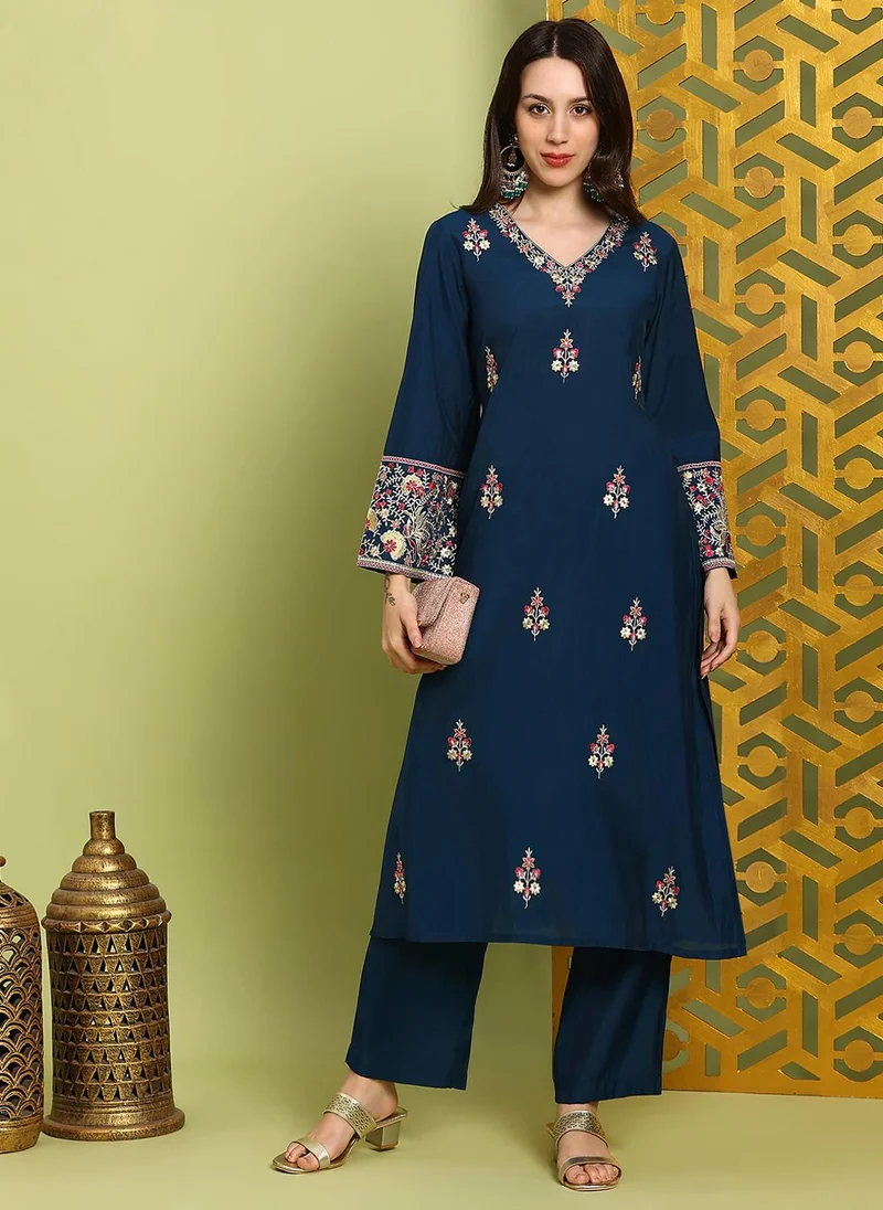 globus Globus Women Navy Blue Floral Sequin Embroidered V-Neck Bell Sleeves A-Line Kurta With Wide Leg Pants Festive Set